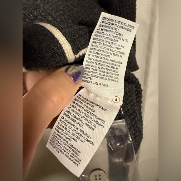 American Eagle Long Sleeve Tipped Waffle Grey and White Sweater Polo Cardigan XL - Picture 8 of 9